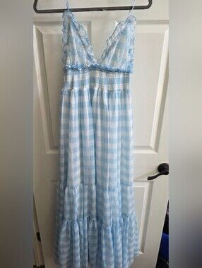Mable Blue Gingham Ruffle Tiered Smocked Maxi Dress Size Large
